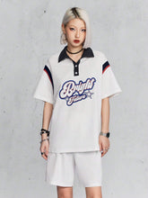 Polo Collar Contrast Color Street-Style Fashionable Playful Alphabet Print Top And Shorts Set